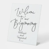 Handgeschreven cursief welkom bij ons begin reclamebord met voetstuk (Voorkant)