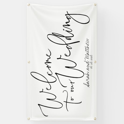 Handgeschreven cursief welkom op onze bruiloft 3x5 spandoek (Verticaal)