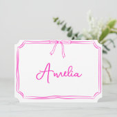 Handgeschreven Custom Roze Bow Esthetische Notecar Kaart (Staand voorkant)