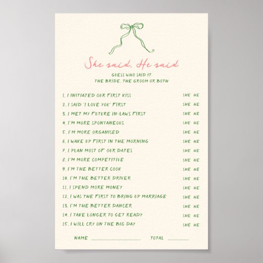 Handgeschreven Downloadable Ze zei dat hij spel ze Poster (Voorkant)