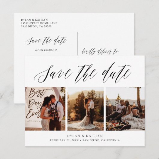 Handgeschreven drie foto's Save the Date ansichtka Aankondigingskaart (Voorkant / Achterkant)