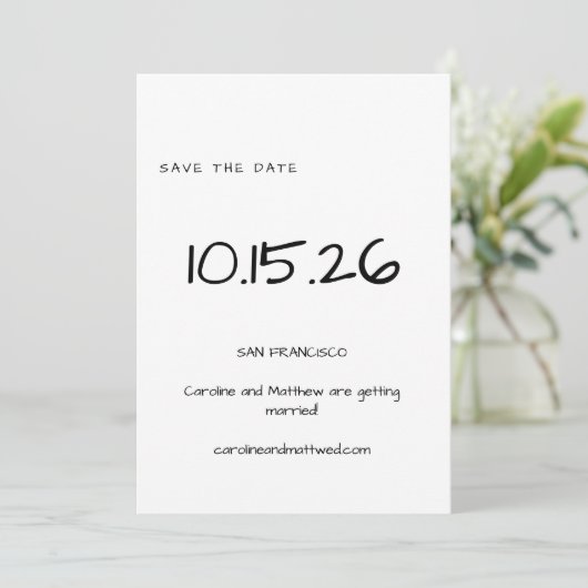 Handgeschreven Eenvoudig Minimalistisch Zwart Witt Save The Date (Staand voorkant)