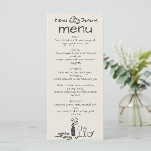 Handgeschreven eigenzinnige tekening bruiloft menu (Staand voorkant)