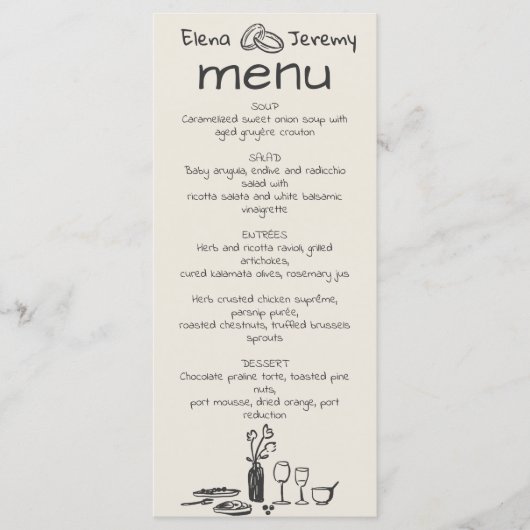 Handgeschreven eigenzinnige tekening bruiloft menu (Voorkant)