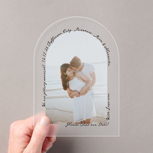 Handgeschreven Elegant Modern Arch Save the Date Acryl Uitnodigingen (Insitu (Draagbaar))