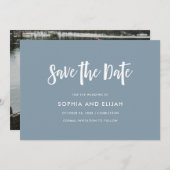 Handgeschreven en modern | Dusty Blue met foto Save The Date (Voorkant / Achterkant)