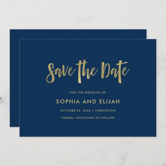 Handgeschreven en modern | Faux Gold op Navy Blue Save The Date (Voorkant / Achterkant)