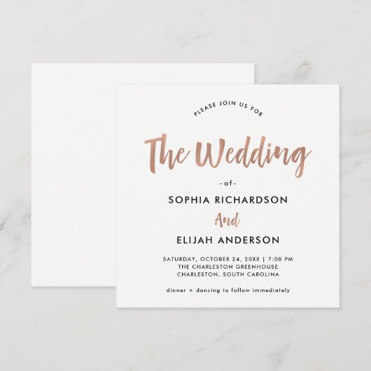 Handgeschreven en modern | Faux Roos Gold Wedding Kaart (Voorkant / Achterkant)