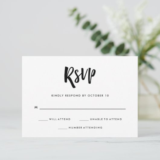 Handgeschreven en modern | Zwarte en witte bruilof RSVP Kaartje (Staand voorkant)