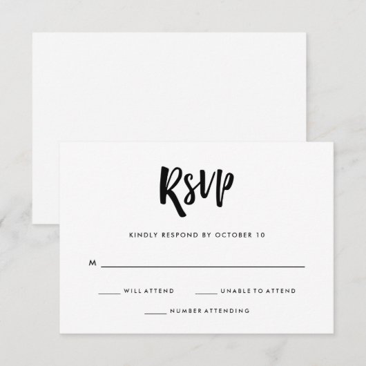 Handgeschreven en modern | Zwarte en witte bruilof RSVP Kaartje (Voorkant / Achterkant)