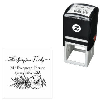 Handgeschreven familieadresstempel met wilde bloem  zelfinktende stempel