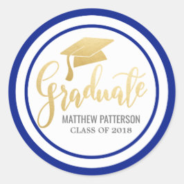 Handgeschreven Faux Gold Foil Afstuderen Pet Navy Ronde Sticker