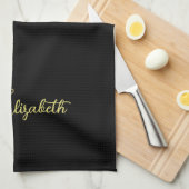 Handgeschreven Faux Gold Naam Sjabloon Zwart Elega Theedoek (Quarter Fold)