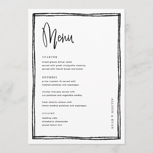 Handgeschreven Frans Huwelijks Tafelmenu Menu (Voorkant)