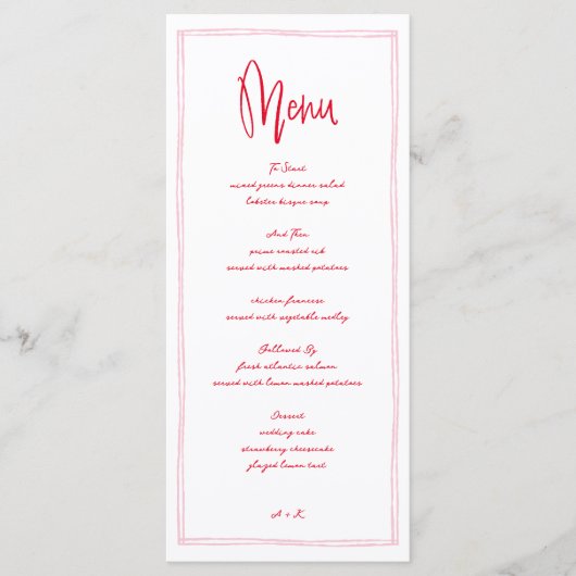 Handgeschreven Frans roze en rood huwelijk Menu (Voorkant)