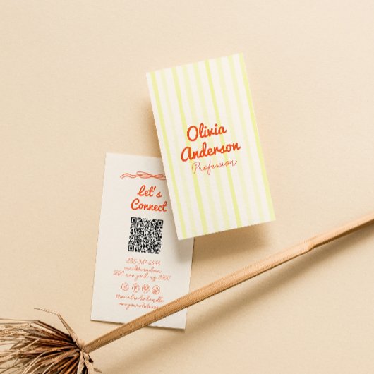 Handgeschreven Gele Oranje Strepen Boho QR Code Visitekaartje