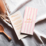 Handgeschreven geschilderde kleurrijke Pinstripes  Menu<br><div class="desc">Een kleurrijke retro funky modern roze en sinaasappel en crème geschreven menu. En met de hand getekende groene strepen op de rug. Perfect en passend bij de hele suite. bruiloft diner menu. Met een chique sjabloon ontwerp van boho  crème achtergrond en oranje typografie.</div>