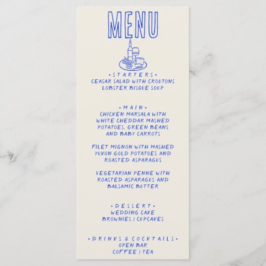 Handgeschreven getekend blauw retro eigenzinnige l menu (Voorkant)