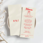 Handgeschreven getekende rode retro eigenzinnige u menu<br><div class="desc">Een kleurrijke retro funky moderne levendige rode bruiloft diner menu. Die chique sjabloon ontwerp van boho  melkachtig beige achtergrond en felle levendige rode typografie en met de hand geschreven menu in rood. En handgetekende champagneglazen. Met crème achtergrond met monogram achterin. Perfect en passend bij de hele suite.</div>