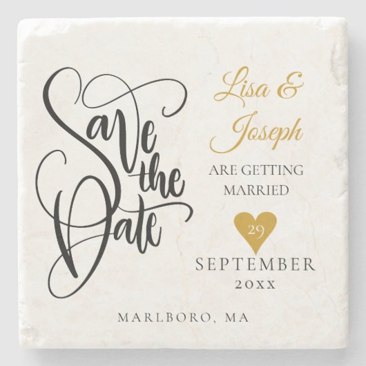 Handgeschreven Gold Heart Script Save the Date Stenen Onderzetter (Voorkant)