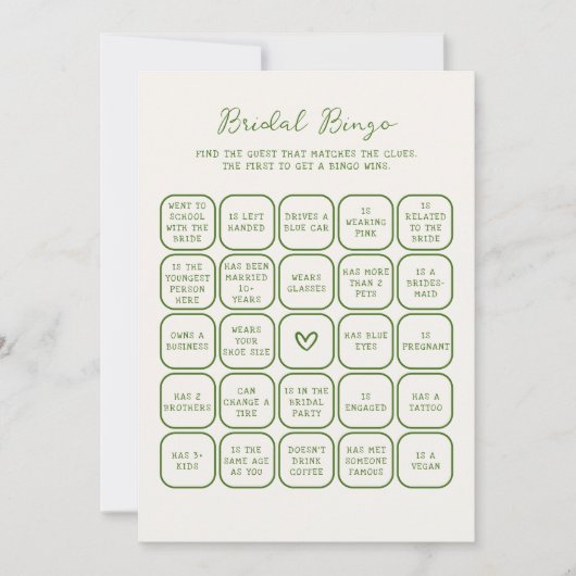 Handgeschreven Green Bridal Bingo Kaart (Voorkant)