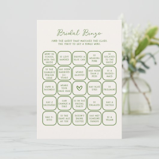 Handgeschreven Green Bridal Bingo Kaart (Staand voorkant)