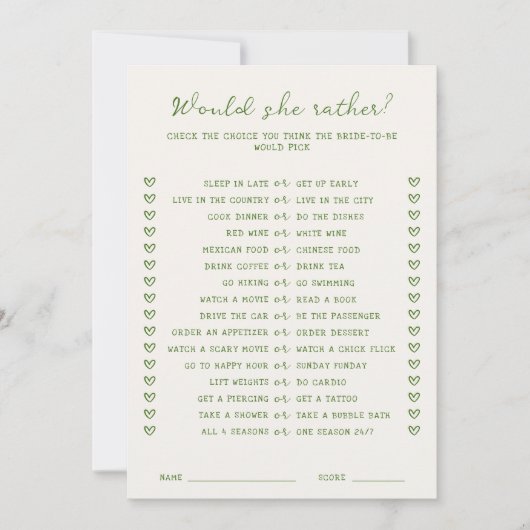 Handgeschreven Green Zou ze liever Game Kaart (Voorkant)