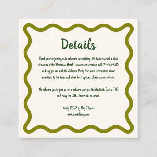 Handgeschreven grillige grens bruiloft details informatiekaartje (Voorkant)