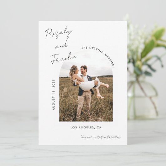 Handgeschreven Handschrift Script Boho Photo Weddi Save The Date (Staand voorkant)