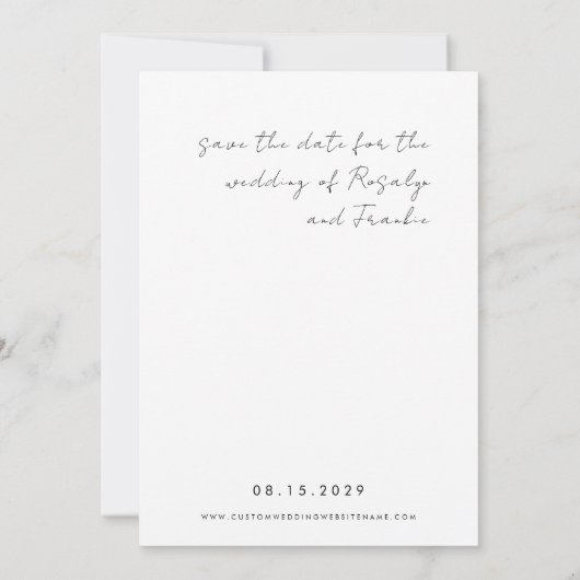 Handgeschreven handtekening script boho foto bruil save the date (Achterkant)