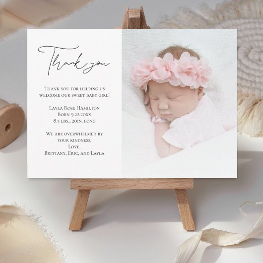 Handgeschreven kalligrafie Foto Baby shower Bedankkaart