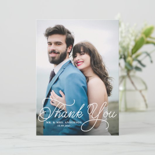 Handgeschreven kalligrafie Foto bruiloft Hartelijk Bedankkaart (Staand voorkant)