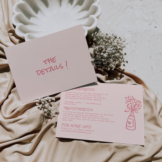 Handgeschreven koraal Kleurrijke Bloemen Trouwdeta Informatiekaartje