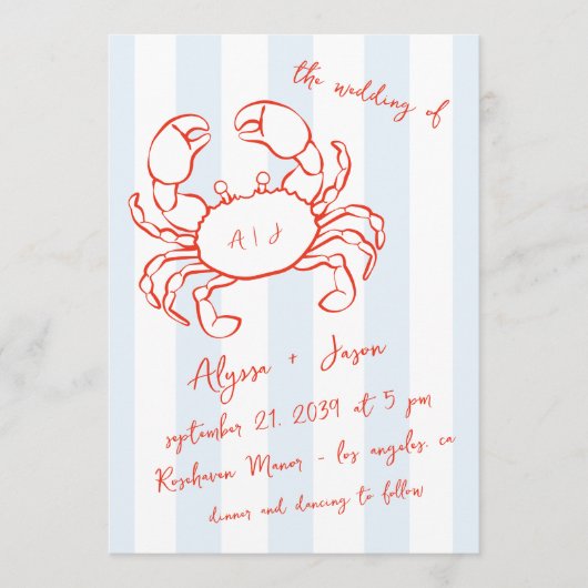 Handgeschreven Kreef Nautilus Rood Blauw Bruiloft Kaart (Voorkant)