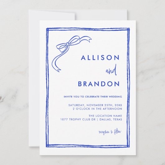 Handgeschreven lint Franse blauwe trouw Kaart (Voorkant)