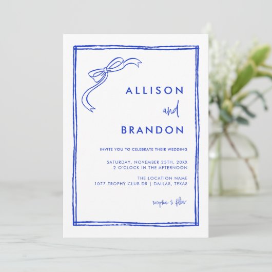 Handgeschreven lint Franse blauwe trouw Kaart (Staand voorkant)