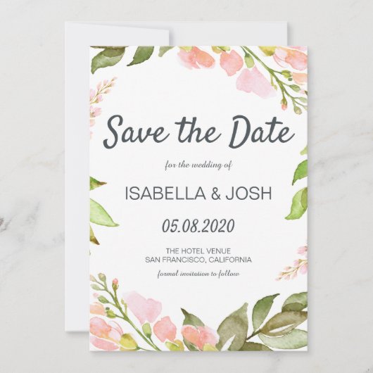 Handgeschreven Manuscript roze Floral Boho sparen  Save The Date (Voorkant)