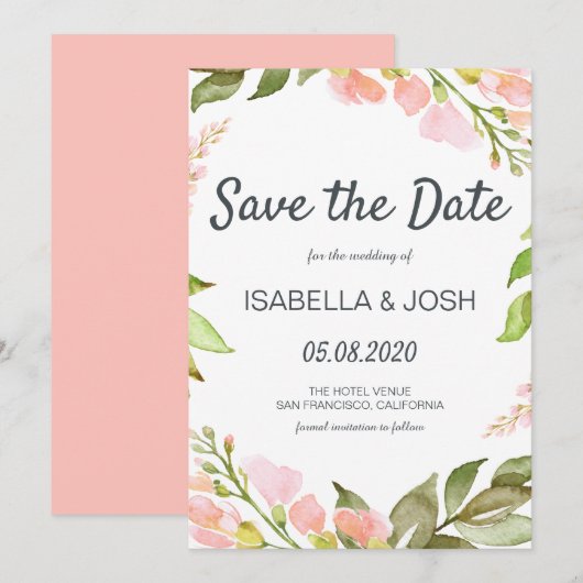 Handgeschreven Manuscript roze Floral Boho sparen  Save The Date (Voorkant / Achterkant)