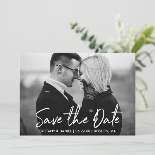 Handgeschreven Manuscript sparen de Zwarte Witte K Save The Date (Staand voorkant)