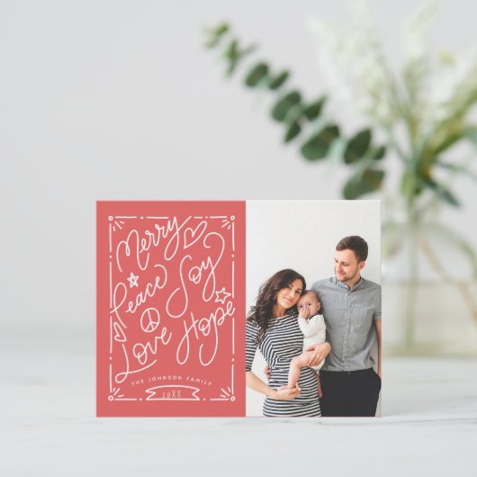 Handgeschreven Merry Peace Joy Love Hope Red Foto Briefkaart (Staand voorkant)