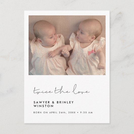 Handgeschreven minima Twin Birth Tweemaal de liefd Briefkaart (Voorkant)