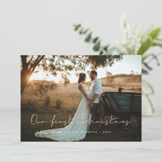 Handgeschreven minimalist Onze eerste kerst getrou Kaart (Staand voorkant)