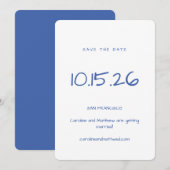 Handgeschreven minimalistische blauw wit elegante  save the date (Voorkant / Achterkant)