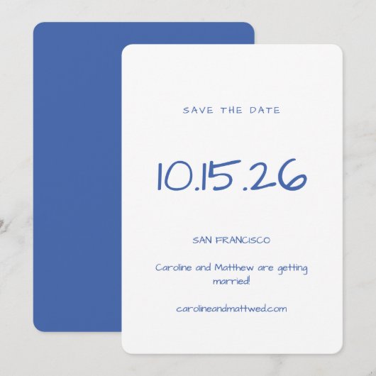 Handgeschreven minimalistische blauw wit elegante  save the date (Voorkant / Achterkant)