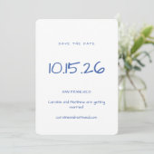 Handgeschreven minimalistische blauw wit elegante  save the date (Staand voorkant)