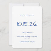 Handgeschreven minimalistische blauw wit elegante  save the date (Voorkant)