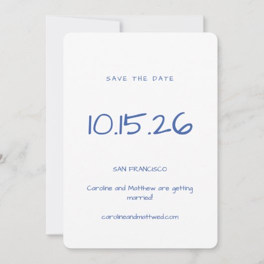 Handgeschreven minimalistische blauw wit elegante  save the date (Voorkant)