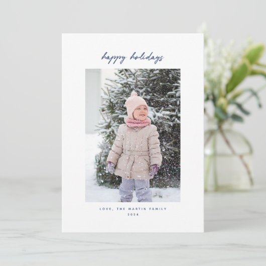 Handgeschreven minimalistische blauwe vakantiefoto feestdagenkaart (Staand voorkant)