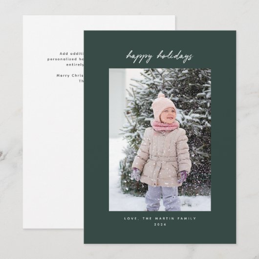 Handgeschreven minimalistische groene kerstfotokaa feestdagenkaart (Voorkant / Achterkant)