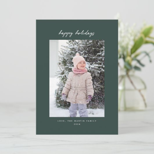 Handgeschreven minimalistische groene kerstfotokaa feestdagenkaart (Staand voorkant)